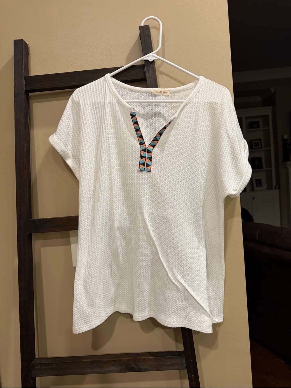 White Short Sleeve Textured Top with Embroidered V-Neck Trim